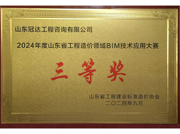 山東省工程造價(jià)領(lǐng)域BIM技術(shù)應(yīng)用大賽三等獎(jiǎng)